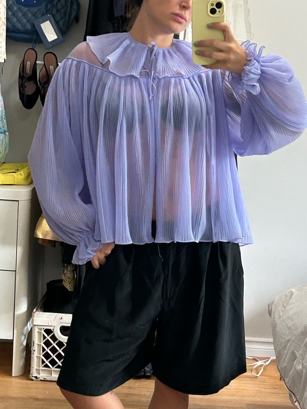 VINTAGE Sheer Pleated Ruffle-Neck Blouse - Lavender